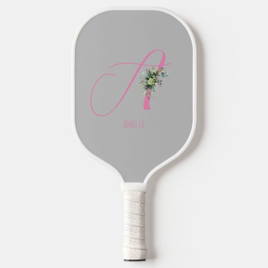 Rosa Monogramm Aquarellfarbe Blume grau Pickleball Schläger (Vorderseite)