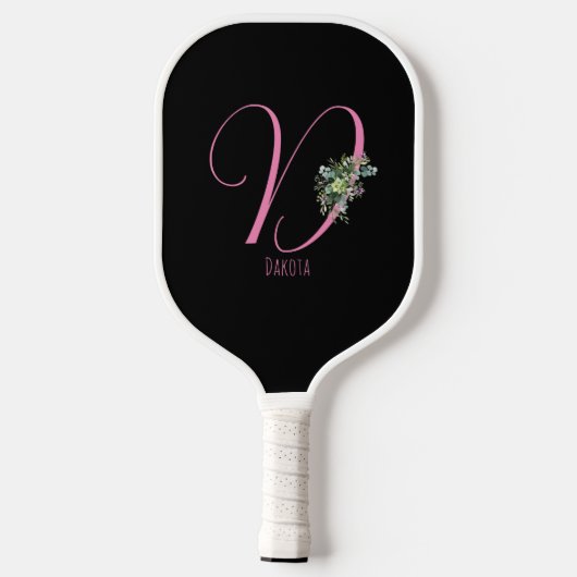 Rosa Monogramm Aquarellfarbe Blume schwarz Pickleball Schläger (Rückseite)