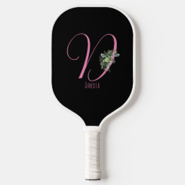 Rosa Monogramm Aquarellfarbe Blume schwarz Pickleball Schläger