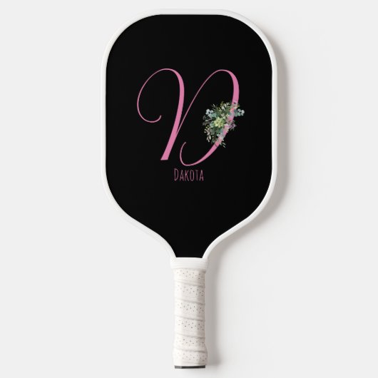 Rosa Monogramm Aquarellfarbe Blume schwarz Pickleball Schläger (Vorderseite)