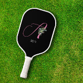 Rosa Monogramm Aquarellfarbe Blume schwarz Pickleball Schläger