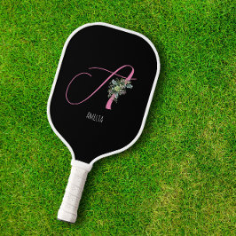 Rosa Monogramm Aquarellfarbe Blume schwarz Pickleball Schläger