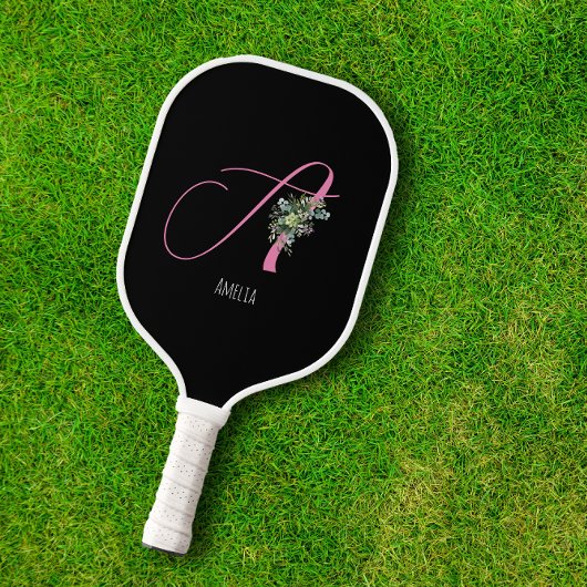 Rosa Monogramm Aquarellfarbe Blume schwarz Pickleball Schläger
