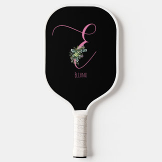 Rosa Monogramm Aquarellfarbe Blume schwarz Pickleball Schläger