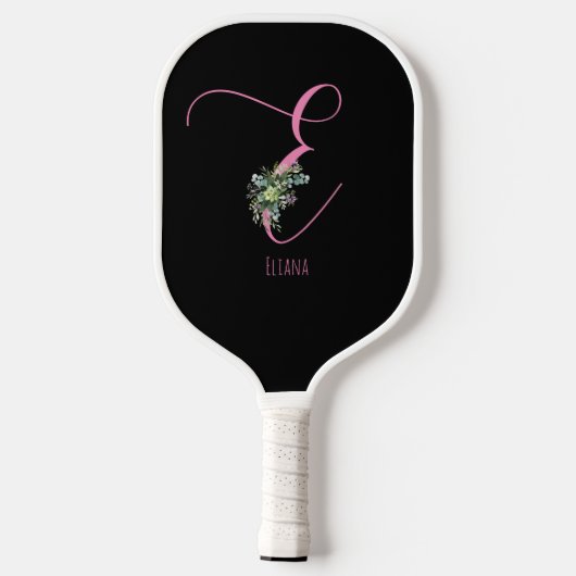 Rosa Monogramm Aquarellfarbe Blume schwarz Pickleball Schläger (Rückseite)