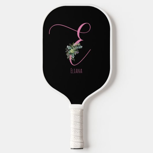 Rosa Monogramm Aquarellfarbe Blume schwarz Pickleball Schläger (Vorderseite)