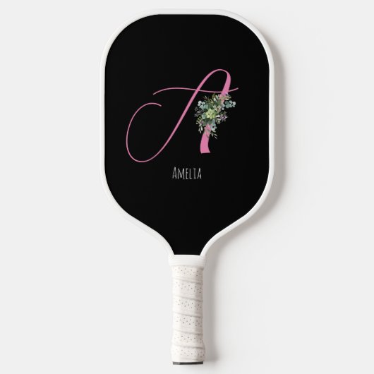Rosa Monogramm Aquarellfarbe Blume schwarz Pickleball Schläger (Vorderseite)