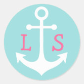 rosa Monogramm auf weißem Anker auf pastellblau Runder Aufkleber (Vorderseite)