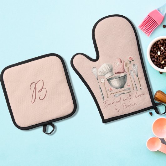 Rosa Monogramm Backen Ofenhandschuh & Topflappen-Set