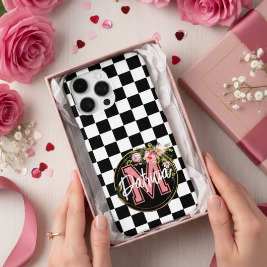 Rosa Monogramm Blume schwarz-weiß Case-Mate iPhone Hülle