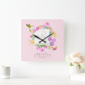 Rosa Monogramm des Blumengartens Quadratische Wanduhr (Zuhause)