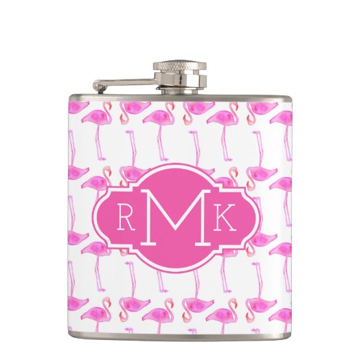 Rosa Monogramm des Flamingo-Muster-| Flachmann (Vorderseite)