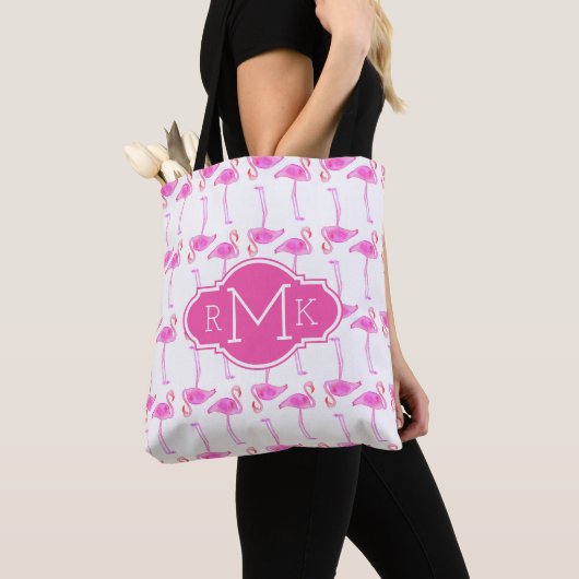 Rosa Monogramm des Flamingo-Muster-| Tasche (Von Nahem)