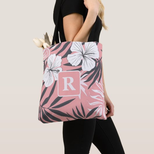Rosa Monogramm des tropischen Hibiskus personalisi Tasche (Von Nahem)