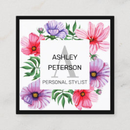 Rosa Monogramm Floral Girl Niedlich Personalisiert Quadratische Visitenkarte