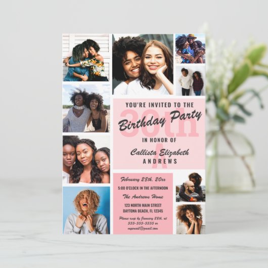 Rosa Monogramm Foto Collage Happy Birthday Einladung (Stehend Vorderseite)