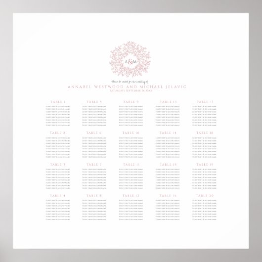 Rosa-Monogramm Hochzeit 20 Tafelsitzkarten Poster (Vorne)