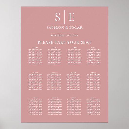 Rosa Monogramm-Hochzeitssitzplan Staubig Rosa Poster (Vorne)