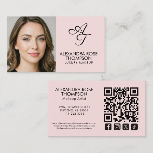 Rosa Monogramm-Makeup-QR-Code-Social-Icon Visitenkarte (Vorne/Hinten)