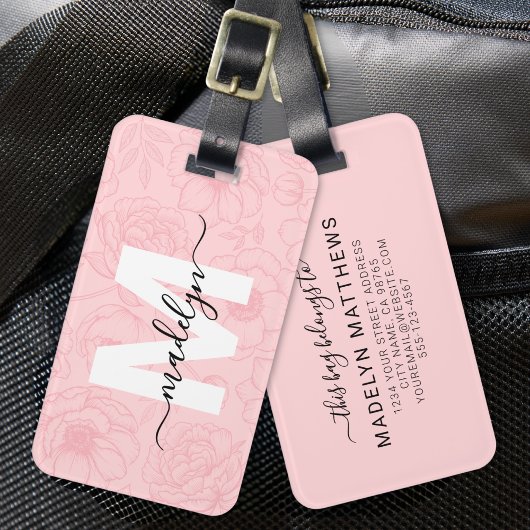 Rosa Monogramm mit Blüten Gepäckanhänger