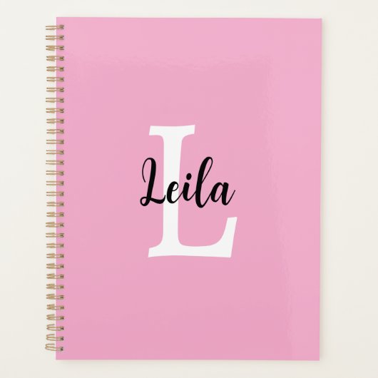 Rosa Monogramm-Name-Skript personalisiertes Design Planer (Vorderseite)