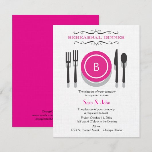 Rosa Monogramm Probe Abendessen Einladung (Vorne/Hinten)