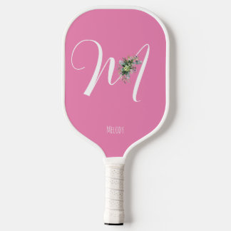 Rosa monogramm Wasserfarben-Blume Pickleball Schläger
