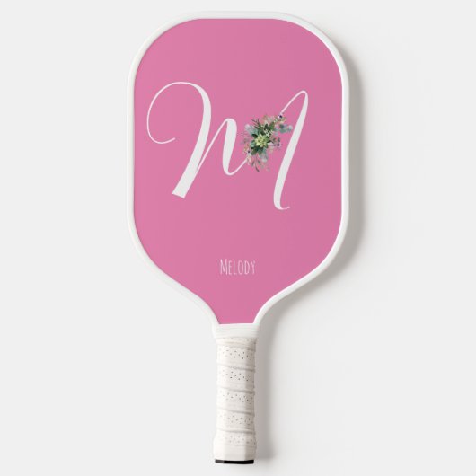Rosa monogramm Wasserfarben-Blume Pickleball Schläger (Rückseite)