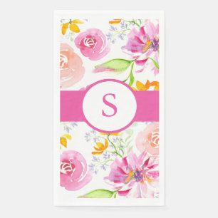 Rosa monogrammierte Wasserfarben-Blumen Serviette