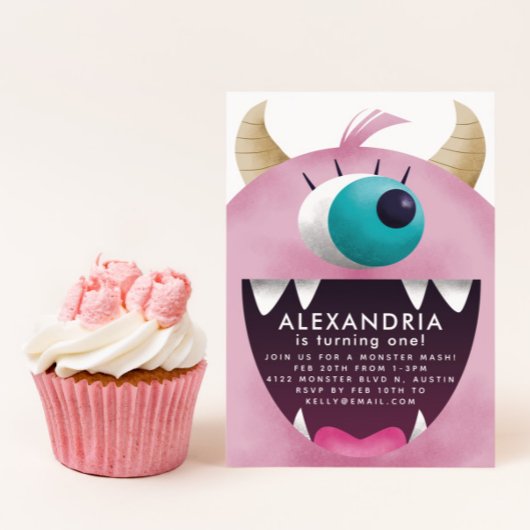 Rosa Monster Girls Geburtstagsparty Einladung