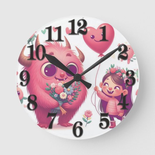 Rosa Monster und das kleine Mädchen Runde Wanduhr (Vorderseite)