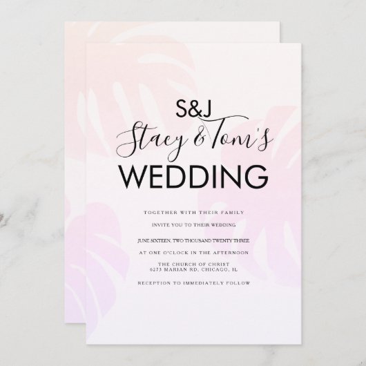 Rosa Monstera Hand Drawn Botanische Hochzeit Einladung (Vorne/Hinten)