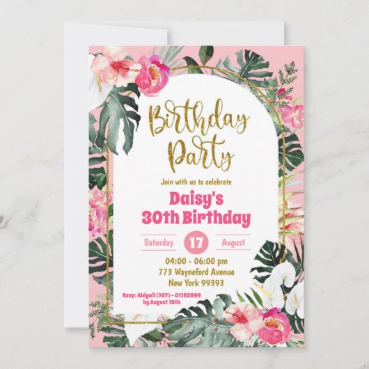 Rosa Monstera Tropical Hawaiian Birthday Party Einladung (Vorderseite)