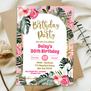 Rosa Monstera Tropical Hawaiian Birthday Party Einladung