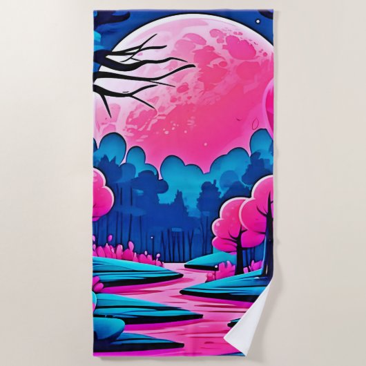 Rosa Moonlit Forest Art Strandtuch (Vorderseite)