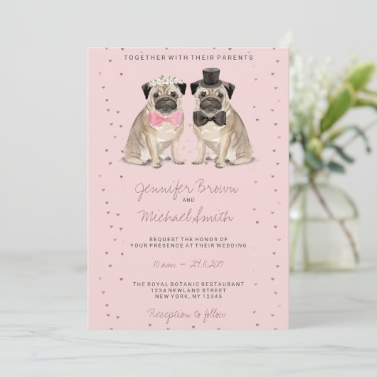 Rosa Mops Wasserfarbenhochzeit Einladung (Stehend Vorderseite)