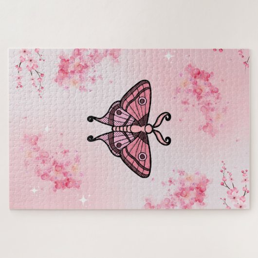 Rosa Moth mit Sakura Blume Hintergrund Puzzle (Horizontal)