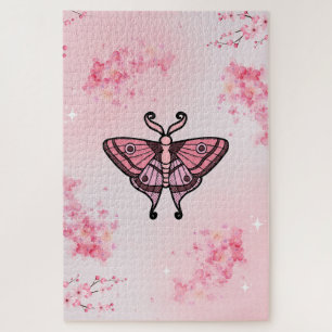 Rosa Moth mit Sakura Blume Hintergrund Puzzle