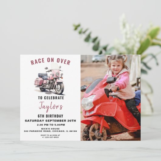 Rosa Motorrad Foto Geburtstag Einladung (Stehend Vorderseite)