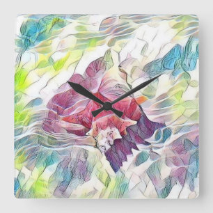 Rosa Muschel im Meer Aquarellbild  Quadratische Wanduhr