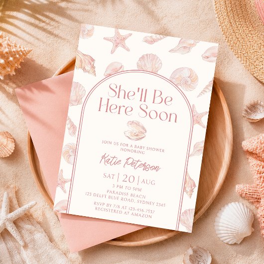 Rosa Muschel Sie wird hier Baby Shower Einladung