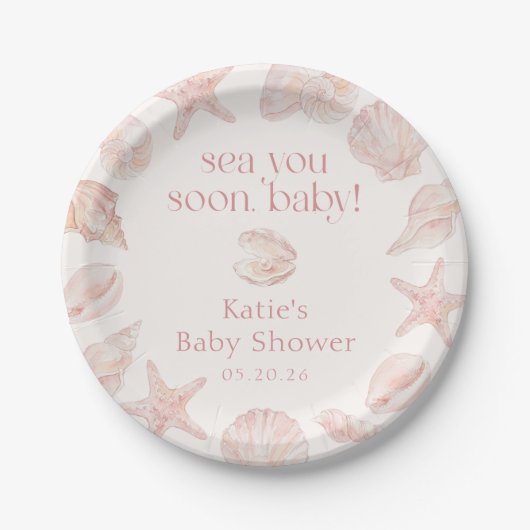 Rosa Muscheln sehen dich bald Baby-Party Pappteller (Vorderseite)