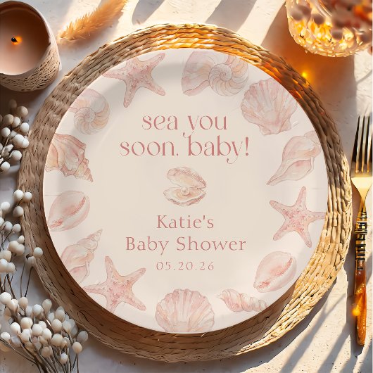 Rosa Muscheln sehen dich bald Baby-Party Pappteller