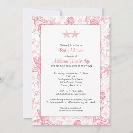 Rosa Muscheln Starfish Zweitmädchen Babydusche Einladung (Vorderseite)