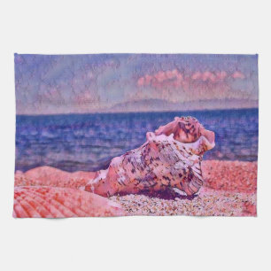 Rosa Muschelschale neben violettem Meer Aquarellma Geschirrtuch