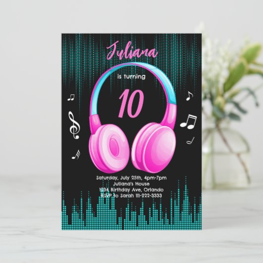 Rosa Musical zum Geburtstag Einladung (Stehend Vorderseite)