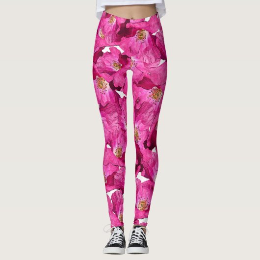 Rosa Muster der Blumenmohnblumen Leggings (Vorderseite)