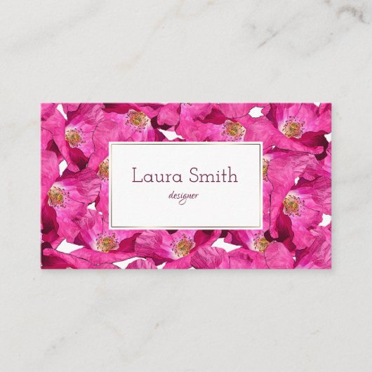 Rosa Muster der Blumenmohnblumen. Text Visitenkarte (Vorderseite)