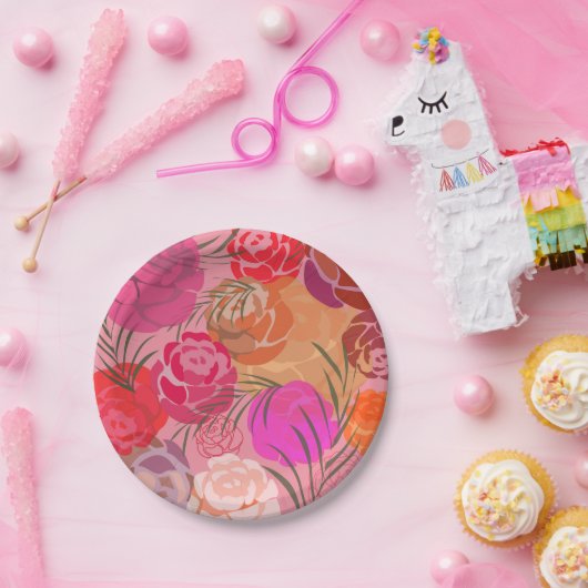 Rosa Muster mit Blume und Pflanze Pappteller (Party)