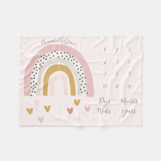 Rosa Mutte Rainbow Monthly Baby Milestone Fleecedecke (Vorderseite (Horizontal))